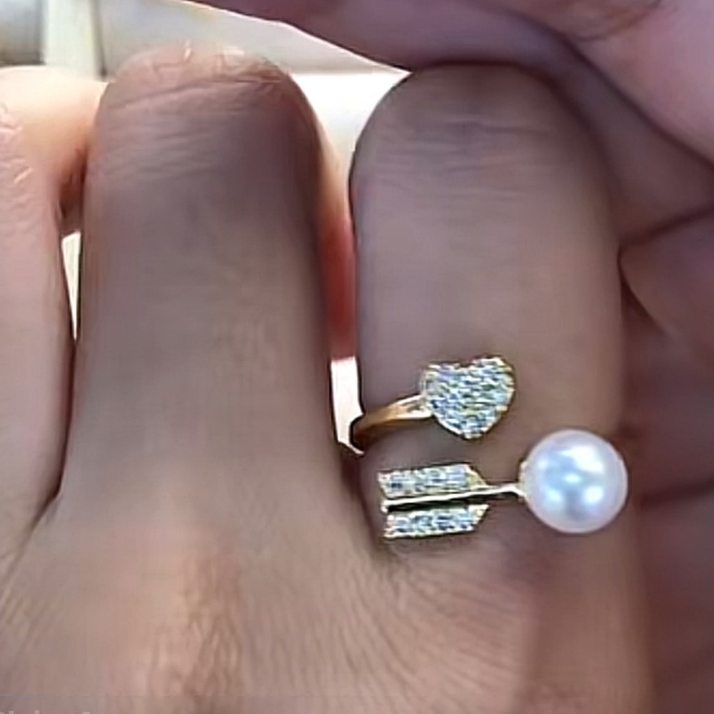 14K Gold Plated Zirconia heart And Pearl Open Ring